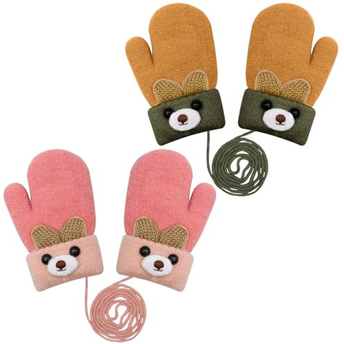 KASURE 2 Paar Baby Winter Handschuhe, Winter Warme Dicke Babyhandschuhe mit Fleece, Full Finger Glove Babyfäustlinge mit Schnur für 0-3 Jahre Jungen Mädchen(Khaki und Rot)