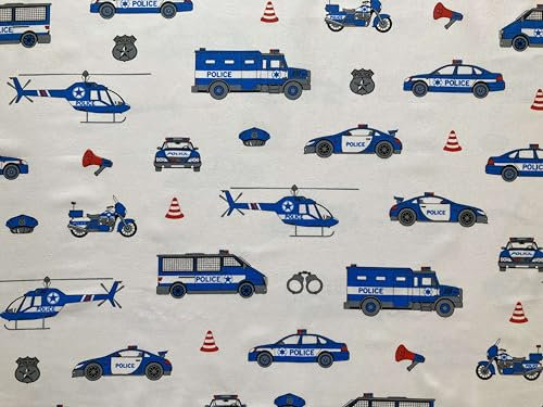 Keine Meterware, Stoffe zum Nähen, Stoff für Kinder, 100% Baumwolle, fest: 1m fester Baumwollstoff mit Fahrzeuge der Polizei auf weiß - Sportwagen Motorrad Bus - weiß rot blau