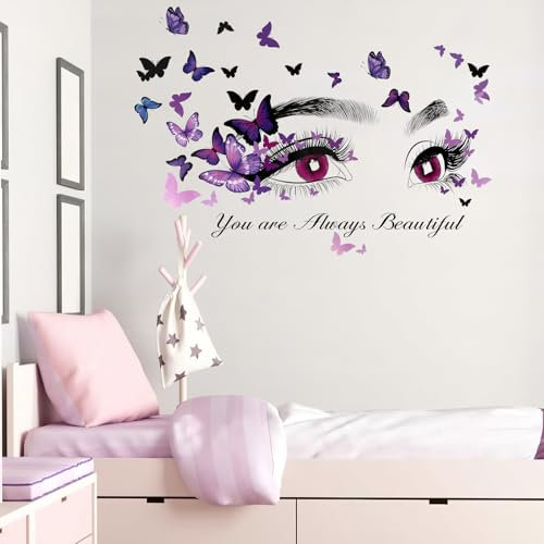 SRIZIAN Wandtattoo, Wandaufkleber Frauen Augen mit Lila Schmetterling Wandsticker für Schlafzimmer Wohnzimmer Esszimmer Wanddeko