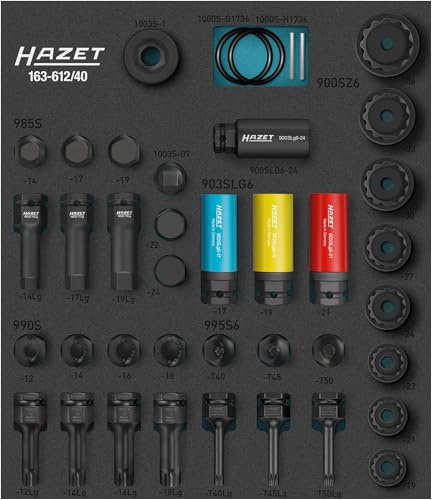 HAZET Schlag- und Maschinenschrauber Steckschlüsselsatz 163-612/40, 40-teilig, 3/4 Zoll, 1/2 Zoll Vierkant, Innen TORX, XZN, Sechskant und Tractionsprofil, 24 mm Außen-Sechskant Antrieb