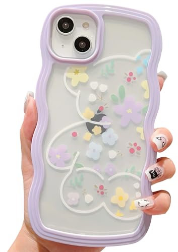 ECZOIL Compatible for iPhone 14 Plus/15 Plus Case, Cute Cartoon Purple Bear Pattern Kawaii Design, Soft TPU Wave Transparent Phone Case for Women Girl-Purple