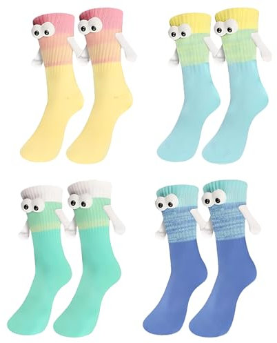 4 Paar Hand in Hand Magnetsocken,Lustige Magnetische Damen Socken mit Händen Halten 35-38 39-42,Lange Crew Bunte Magnet Händchenhaltende Socken Baumwolle, Kuschelig Geschenke für Kinder Frau Paar