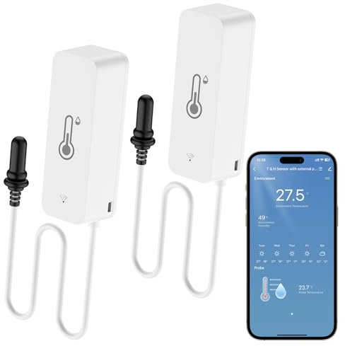 WIOONI 2 Pack WiFi Hygrometer Thermometer Sensor, Thermometer Innen Mit Externem Sensor und App Alert, Mini für Gewächshaus, Aquarium, Kühlschrank, ReptilienTerrarium, Kompatibel Alexa/Google Home