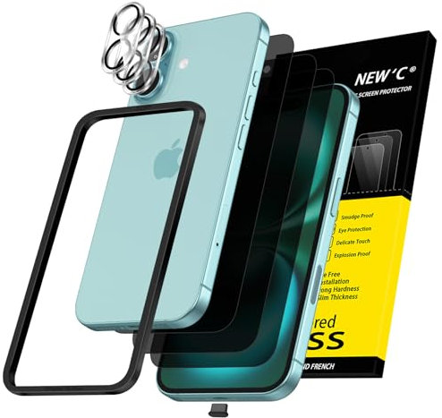 NEW'C 3x Privacy for iPhone 16 Plus Screen Protector (6.7 inches)+ 3x Camera Lens Protector, Sensor Protection, Case Friendly Tempered Glass Film + Dust Plug - Easy installation tool included