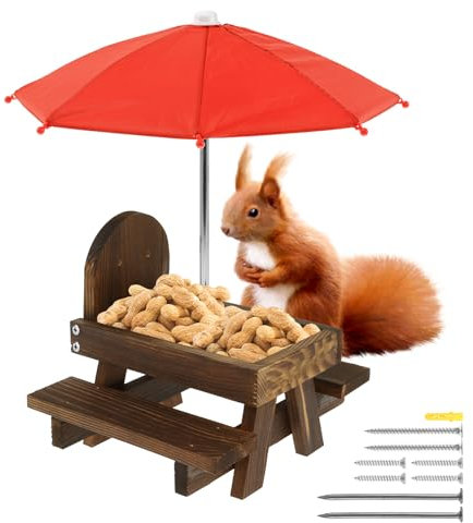 Wooden Squirrel Feeder Table with Umbrella Funny Wooden Squirrel Picnic Bench Feeder with Corn Cob Holder Wild Food Storage Box Outdoor Garden Ornaments for Chipmunk Wildlife Bird Feeder