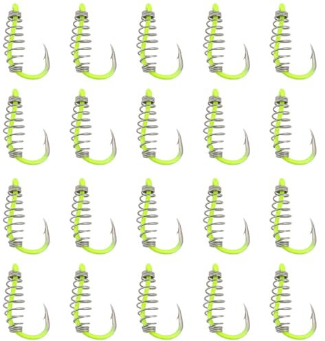 eMagTech 20Pcs Spring Fishing Hooks, Size 7# High Carbon Steel Hooks with Metal Spring Barbed Swivel Fishing Hooks Suitable forPower Bait Trout Carp, Fluorescent Yellow
