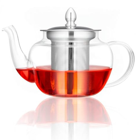 Spring Chef Durable Infuser Teapots for Loose Tea, Borosilicate Glass Teapot with Infuser, Transparent Round Glass Tea Pot 600ML/21.11OZ