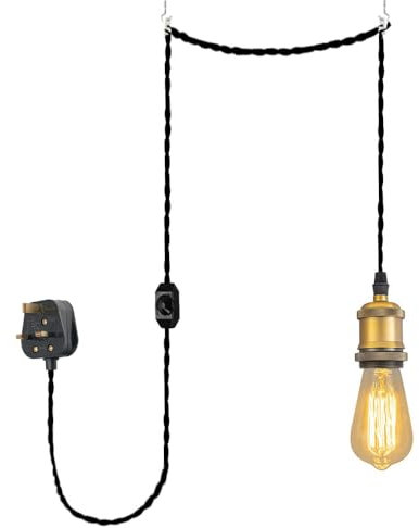 FSLiving 4.5 Meters of Black Twisted Fabric Cable Plug in Pendant Lighting Kit Pendant Light Fitting with Dimmer Switch and E27 Matte Gold Lamp Holder