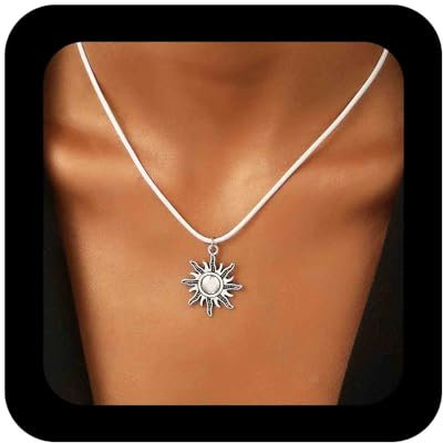Cimenexe Collier Ras Du Cou Bohémien Collier Pendentif Soleil En Métal Argenté Collier Cordon En Cuir Daim Blanc Collier Chaîne En Cuir Soleil Bijoux Pour Femmes