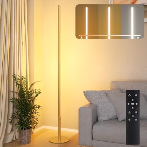 Hzitcigm LED Stehlampe Wohnzimmer, Stehleuchte LED Dimmbar Standleuchte mit Stufenlose Helligkeit & Farbtemperaturen 2700K-6500K, Memory-Funktion Ecklampe mit Fernbedienung für Schlafzimmer Büro, Gold