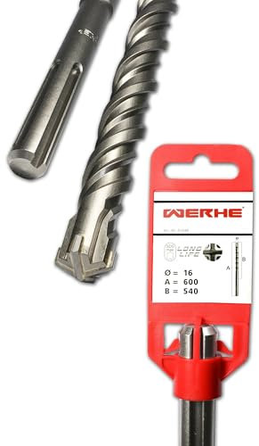 WERHE Forets à béton SDS MAX 16 x 600 mm - Forets à pierre pour perceuse - Forets marteaux pour le perçage du béton et de la brique - Quatre lames avec double hélice et pointe en carbure de tungstène