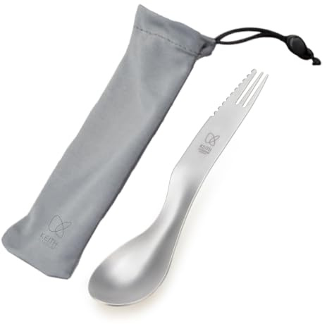 KEITH Titanium Spork, Camping Cutlery 3-in-1 Spoon Knife Fork for Noodle, Rice&Steak, with Carry Pouch for Outdoor, Camping&Travel, Compact Utensil, Survival Tool, Lightweight Eating Gear(Ti5231)