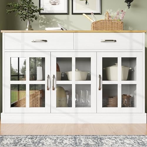 A ALFRESCOOL Küchenschrank (120×40×84cm), Vorratsschrank, Esszimmerschrank für Küche, Esszimmer und Wohnzimmer, Beistellschrank mit Stauraum, Vintage Glasschrank-Design, Kippschutz,Weiß