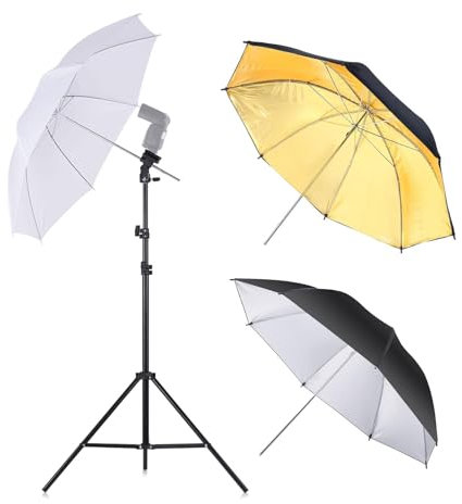 BOLLUMA Photography Umbrella Kit with Metal Flash Mount, 33 84cm Soft White, Silver Reflective, Gold Reflective Umbrella and 200cm Light Stand for Studio Video Lighting Portrait Porduct Shooting
