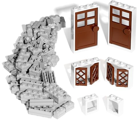 240 Pieces Masonry Profile Bricks Wall Bricks Blocks, with Windows and Doors Kit 6 Pcs, Compatible with Lego Parts Pieces, Creative Classic Building Bricks (Light Gray)