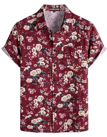 PARKLEES Men's Casual Linen Hawaiian Shirt Short Sleeve Button Down Shirts 70s Hippie Beach Vacation Tops Red Flower X-Large