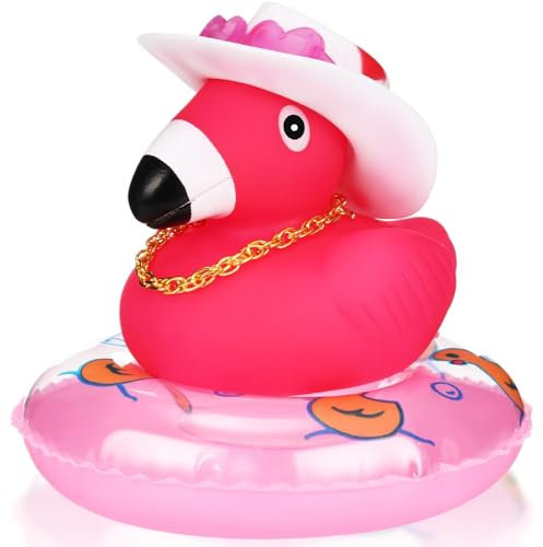 Flamingo Badeente Set, Niedlich Gummi Flamingos mit Sonnenhut Sonnenbrille Goldkette Schwimmring, Lustig Badeente Flamingo Dekorationen für Auto-Armaturenbrett, Büro, Zimmer (Rosa)