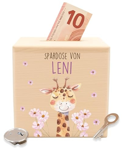 Kidsmood - Personalisierte Spardose Kinder mit Schlüssel aus Holz, Sparschwein Kinder mit Namen als Taufgeschenk, Geburtstagsgeschenk & Einschulungsgeschenk für Mädchen & Jungen - Giraffe (10x10 cm)