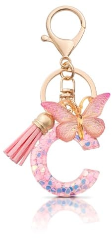 MORSUNBELA Porte-clés avec lettre de l'alphabet - Porte-clés pour fille - Lettre initiale - Papillons - Pour femme, Rosa-c, S