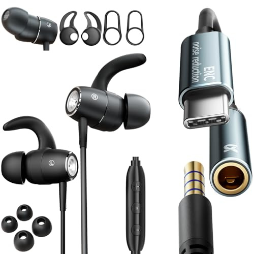 BACKWIN Kabel Kopfhörer mit Mikrofon und ENC Lärmreduzierung,Stereo Bass In Ohr Ohrhörer,In-Ear-Kopfhörer mit Kabel,Wired Earbuds with Noise-cancelling Mic,Abnehmbare Ohrhaken (verwendbar)