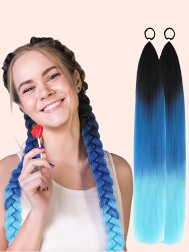 2 Pack Ponytail Extension with Elastic Tie Band Hair Ponytail Wig Blue Gradient Fake Straight Hairpieces Synthetic Braid Ponytail Hair Accessories for For Adult Use Only