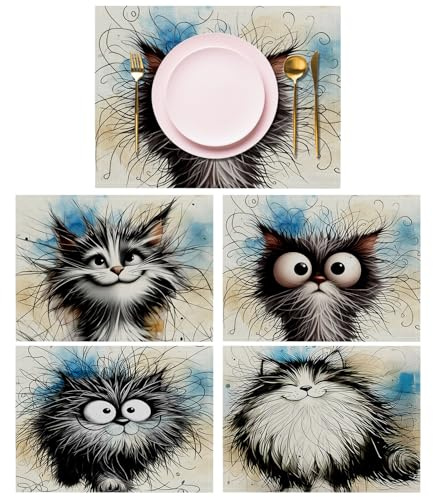 Lvjkes 4 Stück Tiere Platzset, 30 x 45 cm Tischsets Abwaschbar - Katze1 | Handgenähte Bedruckte Tischsets, rutschfeste Tischset Platzsets aus Leinen, Geeignet für Küche, Wohnzimmer, Esszimmer, Bar