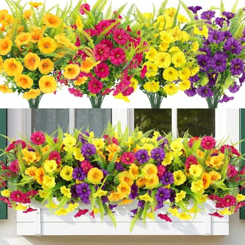 N&T NIETING 12 Bundles Artificial Flowers Outdoors Artificial Petunias Colorful Fake Silk Flowers UV Resistant Shrubs Plants for Outside Indoor Hanging Planters Home Garden Decoration(Mix,01)