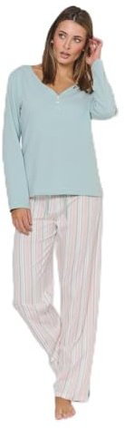 TRAMAS+ - Pijama de mujer 100 % algodón, set de camiseta de manga larga y pantalón largo con cintura ajustable