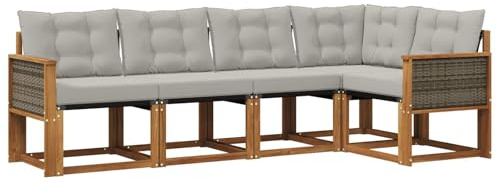 vidaXL Outdoor-Sofagarnitur mit Kissen 5 pcs Natürlich und Hellgrau, Moderne Garten-Sofaset, wetterfestes Möbel, Bequeme Liege, stilvolles Outdoor-Sitzen für Entspannung