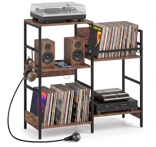 COSTWAY Mobile per Giradischi, Supporto per Vinile con Stazione di Ricarica, Mobile Porta Giradischi con 3 Ripiani, Scomparto, Ripiano Porta Vinili e 3 Ganci per Soggiorno e Studio, 78 x 30 x 78 cm