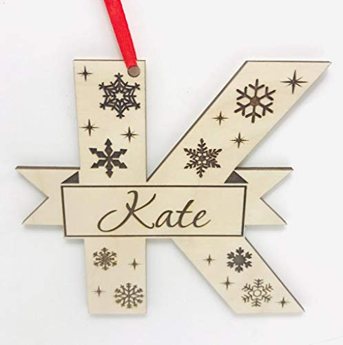 FSSS Ltd Personalised engraved Alphabet Initial Letter K name wooden bauble gift Christmas tree decoration. Any letter, any name.