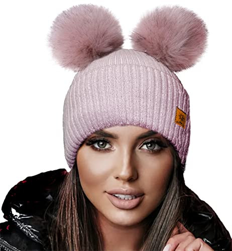 4sold Miki Farbe Damen Wintermütze Wolle Strickmütze Mit Doppelten Pom Pom Cap Ski Snowboard Bobble (Megi Power Pink)