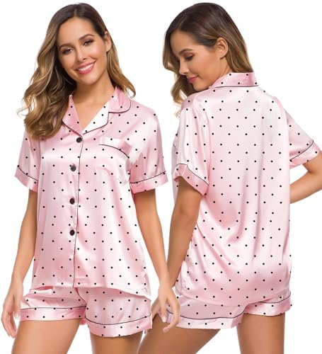 SWOMOG Pyjama deux pièces en satin de soie pour femme, Rose à pois, L
