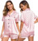 SWOMOG Pyjama deux pièces en satin de soie pour femme, Rose à pois, L