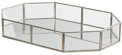 Vassoio Decorativo Ottagonale Ottone Argento e Vetro a Specchio 32 x 22 cm