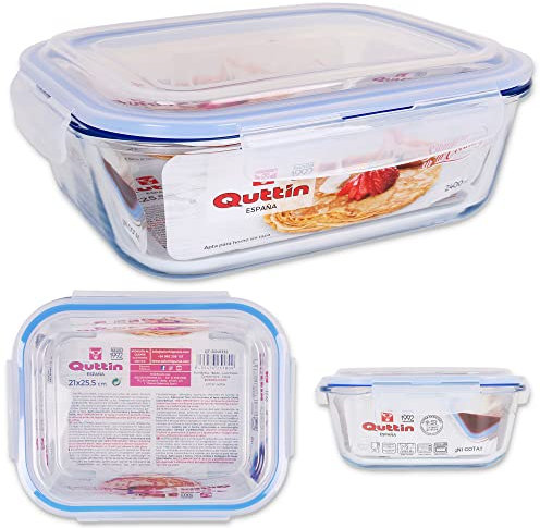 Quttin Fiambrera Rectangualr con Tapa Hermetica 21X25.5Cm, Borosilicato, 21 x 25.5 x 9 cm