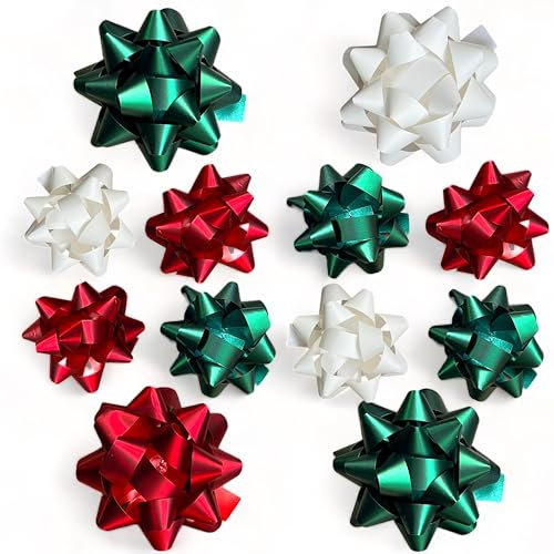 Set Ringelband Polyband Geschenk-Band Geschenkschleifen zum Basteln und Verpacken - glänzend & matt sortiert (weiß - rot - grün, 12 Stück Geschenkschleifen)