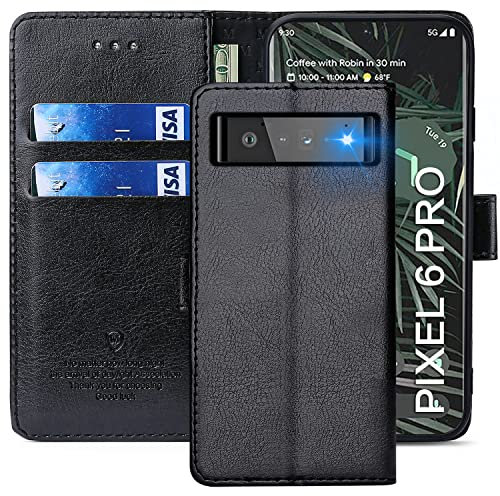 FMPCUON Hülle für Google Pixel 6 Pro Handyhülle [Standfunktion] [Kartenfach] [Magnetverschluss] Tasche Flip Case Schutzhülle lederhülle klapphülle für Google Pixel 6 Pro Schwarz