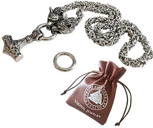 BBYOUTH Viking Men's Stainless Steel Jewelry - Thor Hammer Pendant with Odin Wolf King Chain Pagan Amulet Gothic Necklace,Silver,24Inch