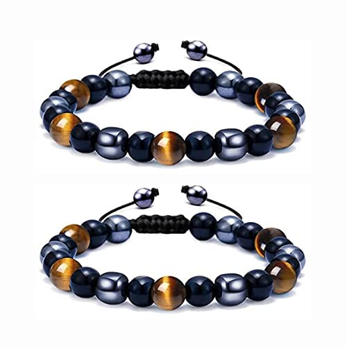 Bracelet Triple Protection Femme, 2 Pièces Bracelet en Pierre Naturelle, Oeil de Tigre Hématite Obsidienne Noire Bracelet, Apportez Bonne Chance et Prospérité, Bracelet Unisexe Porte-bonheur, comme le