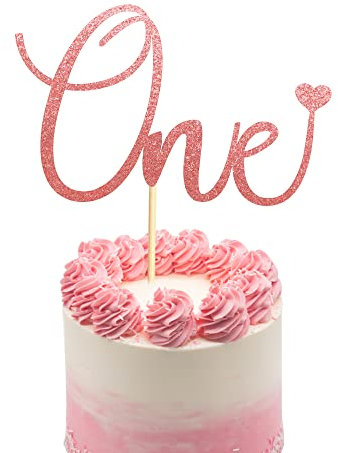 Arthsdite One Cake Topper with Heart Baby First Birthday Cake Decorations for Baby Shower Boys Girls Kids 1st Birthday Party Decorations Supplies - Rose Gold Glitter