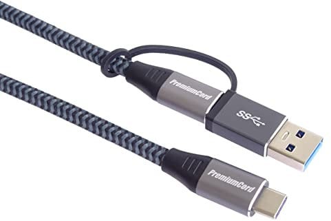 PremiumCord USB 3.2 Gen 2 Type-C Cable, Male to Male, Charging up to 5A, 100W, Super Speed 20 Gbps, Aluminium Connector Caps, Cotton Braid + Reduction USB-C/USB-A, Length 2 m, Black-Grey