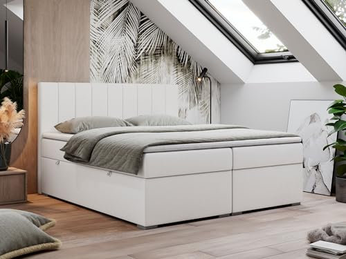 MKS MEBLE Boxspringbett 120x200, Bett 120x200 mit Matratze und Topper, Boxspringbett mit Bettkästen, Polsterbett mit Kopfteil - Lope - Weiß Kunstleder - H4