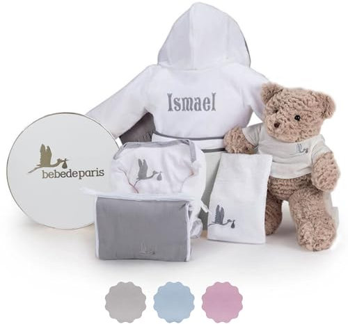 Cadeau de Naissance Personnalisé avec Peignoir de bain brodé pour bébé en mousse et ours en peluche Gris