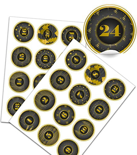 Yabaduu DIY Adventskalender Zahlen zum Aufkleben Nummern 1-24 Selbstklebende Sticker für Weihnachten Weihnachtskalender Selber Basteln Y048 (22 Gold schwarz rund)