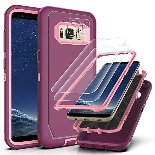 YmhxcY Coque pour Galaxy S8 avec Samsung S8 avec 2 Protection écran et 2 Protection Camera Photo 3 en 1 Protection Intégrale Étui pour Samsung Galaxy S8-Wine Red/Rose Pink