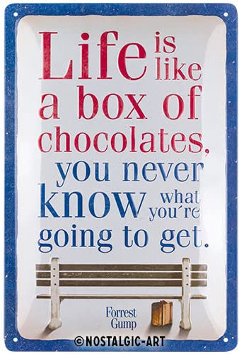 Nostalgic-Art Retro Blechschild, 20 x 30 cm, Forrest Gump – Chocolate – Geschenk-Idee für Film-Fans, Original Lizenzprodukt (OLP), aus Metall, Vintage Design, Blechschilder Sprüche