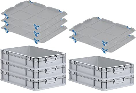 PROREGAL SparSet 5x Eurobox NextGen Grip mit Auflagedeckel & 4 blauen Schiebeschnappverschlüssen, HxBxT 12x40x60cm, 23 L, Grau, Griffe geschlossen, Eurobehälter, Transportbox