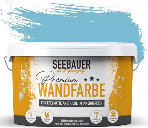SEEBAUER diy Wandfarbe Blau 2,5L für Innen (No. 819 Arctic Blue) Edelmatte himmelblaue Innenfarbe - Blautöne sehr hohe Deckkraft - Matt, Abwaschbar und Tropffrei