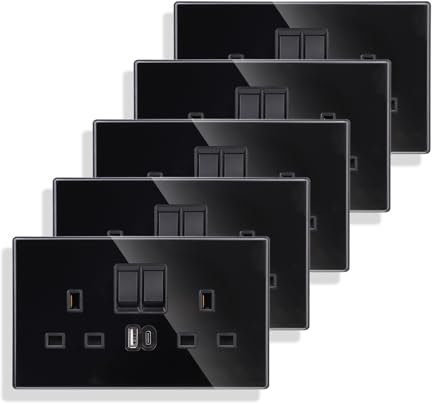 JIMEIDA 5 Pack Double Switched Socket 13 Amp with USB A and Type C 3.1A Charging Ports Crystal Black Glass Panel Wall Outlet Electric Power Socket